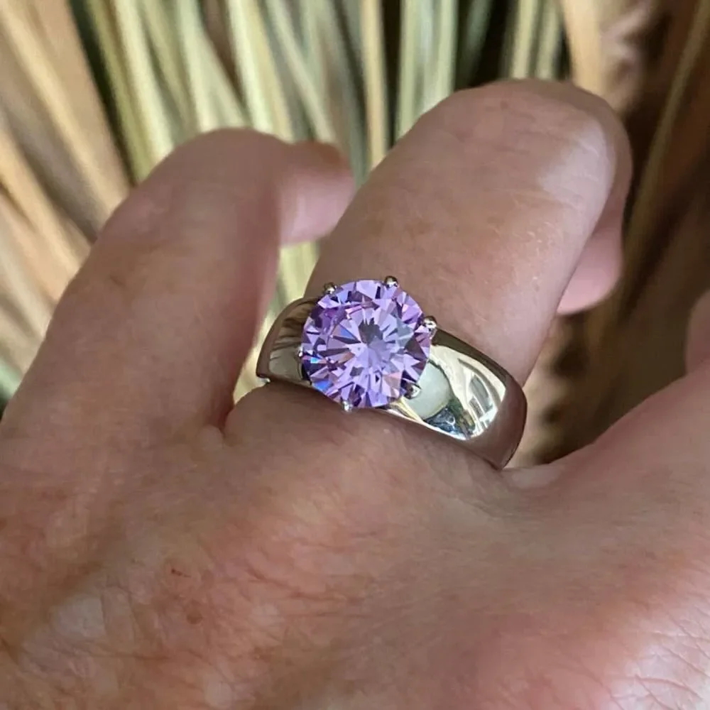 High polished Stainless Steel  Ring with Amethyst AAA Grade CZ Size 9
